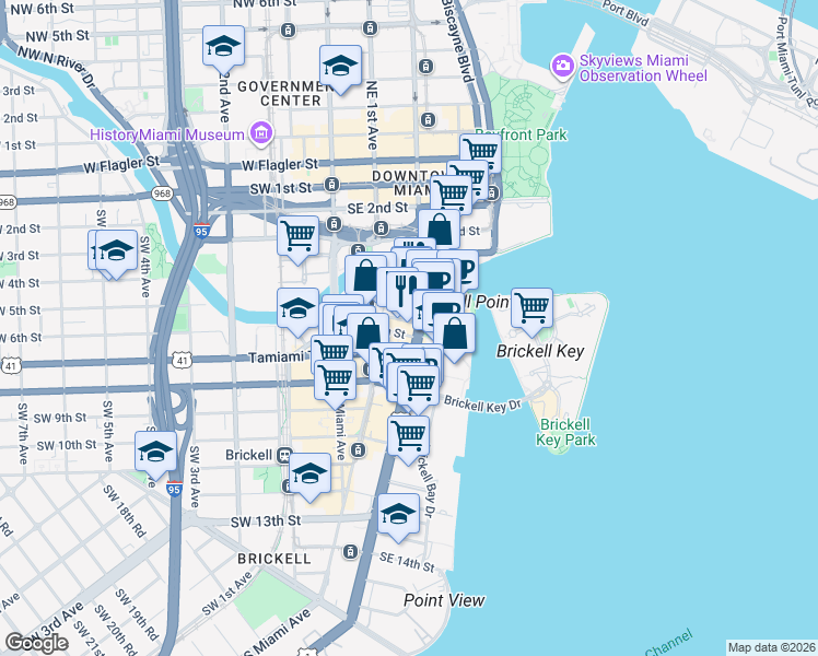 map of restaurants, bars, coffee shops, grocery stores, and more near 500 Brickell Avenue in Miami