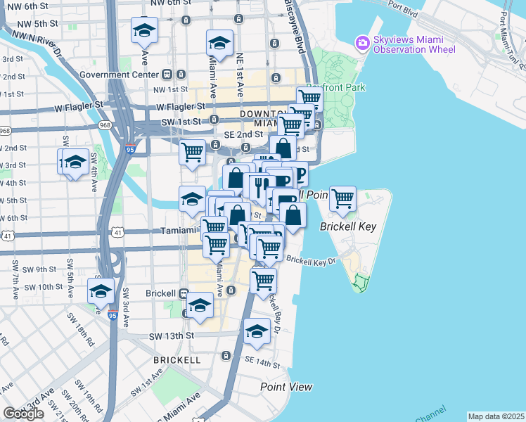 map of restaurants, bars, coffee shops, grocery stores, and more near 501 Brickell Avenue in Miami