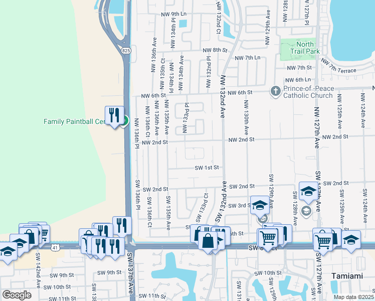 map of restaurants, bars, coffee shops, grocery stores, and more near 13320 Northwest 1st Lane in Miami