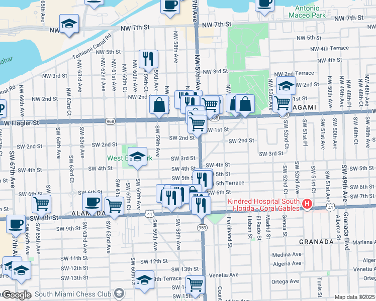 map of restaurants, bars, coffee shops, grocery stores, and more near 5756 Southwest 2nd Terrace in Miami