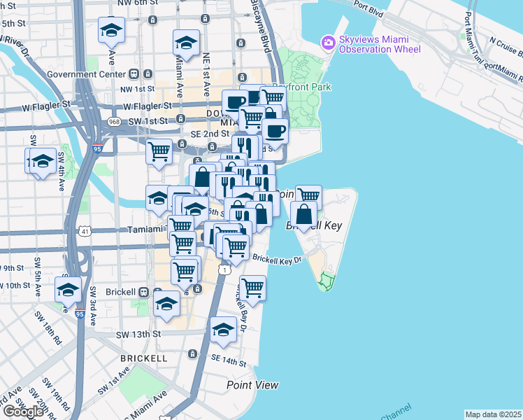 map of restaurants, bars, coffee shops, grocery stores, and more near 495 Brickell Avenue in Miami