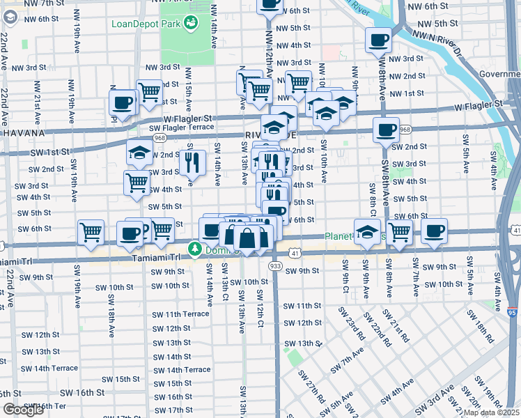 map of restaurants, bars, coffee shops, grocery stores, and more near 1244 Southwest 5th Street in Miami