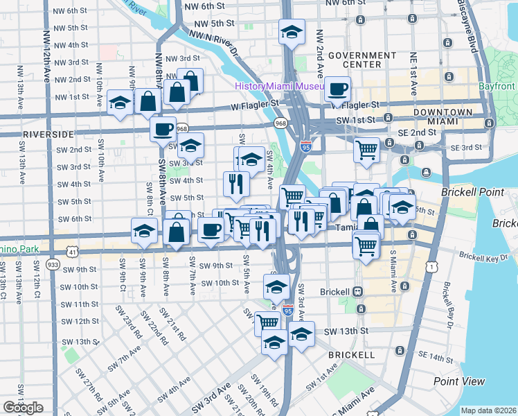 map of restaurants, bars, coffee shops, grocery stores, and more near 461 Southwest 6th Street in Miami