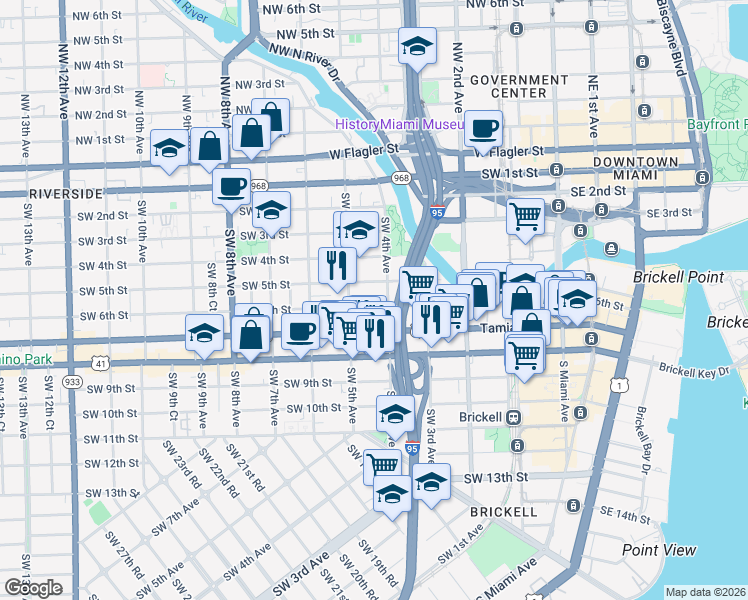 map of restaurants, bars, coffee shops, grocery stores, and more near 461 Southwest 6th Street in Miami