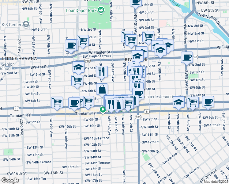 map of restaurants, bars, coffee shops, grocery stores, and more near 1330 Southwest 5th Street in Miami