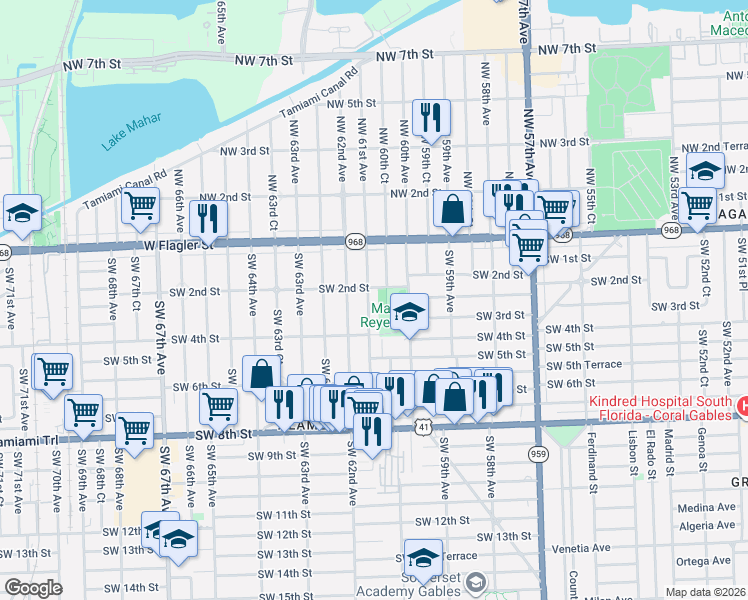 map of restaurants, bars, coffee shops, grocery stores, and more near 211 Southwest 61st Avenue in Miami