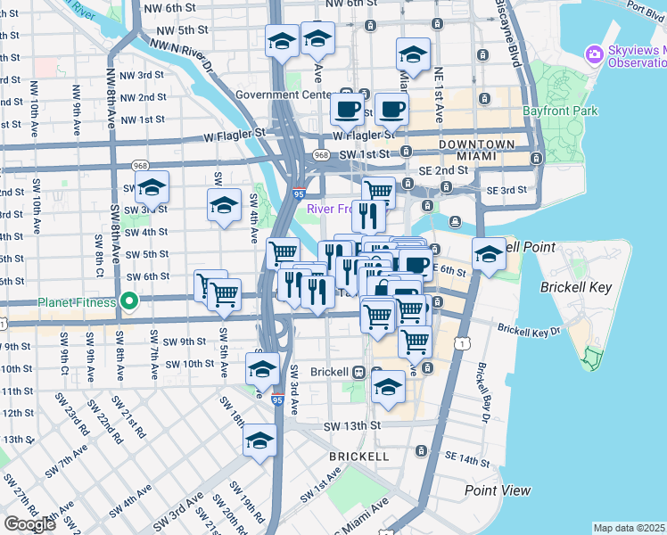 map of restaurants, bars, coffee shops, grocery stores, and more near 201 Southwest 6th Street in Miami