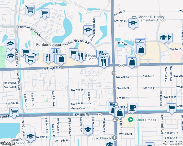 map of restaurants, bars, coffee shops, grocery stores, and more near 8964 West Flagler Street in Miami