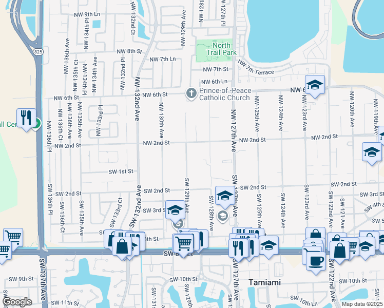 map of restaurants, bars, coffee shops, grocery stores, and more near 101 Northwest 129th Avenue in Miami