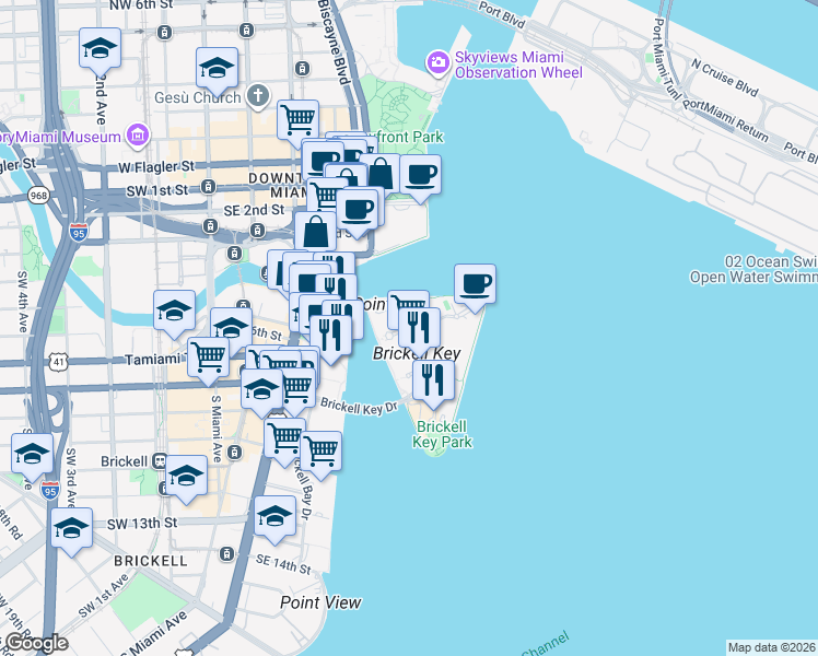 map of restaurants, bars, coffee shops, grocery stores, and more near 900 Brickell Key Boulevard in Miami