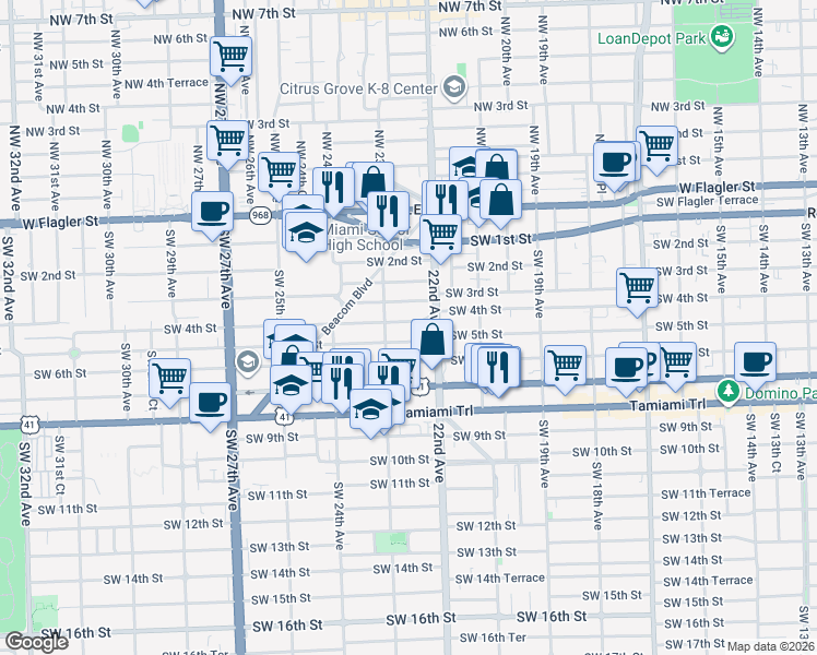 map of restaurants, bars, coffee shops, grocery stores, and more near 2250 Southwest 4th Street in Miami