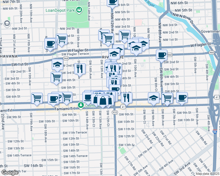 map of restaurants, bars, coffee shops, grocery stores, and more near 1244 Southwest 5th Street in Miami
