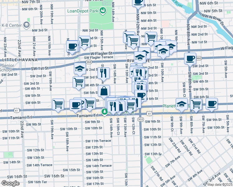 map of restaurants, bars, coffee shops, grocery stores, and more near 1330 Southwest 5th Street in Miami