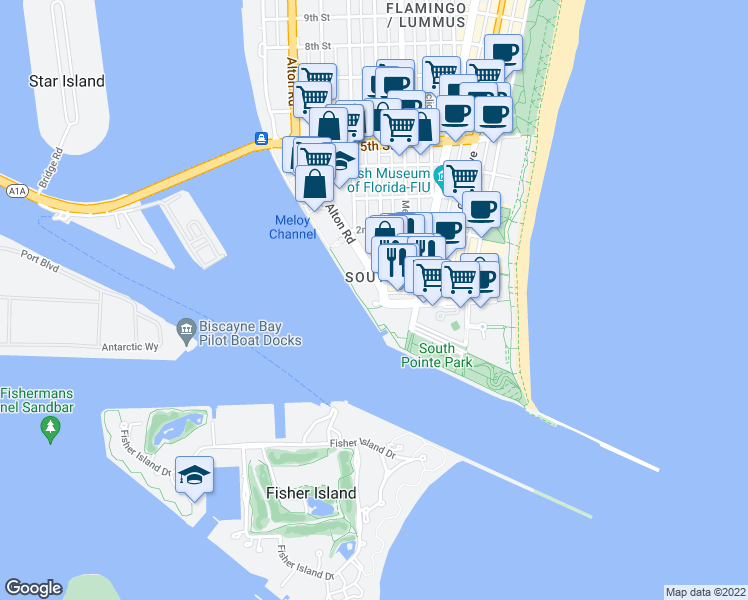map of restaurants, bars, coffee shops, grocery stores, and more near 1000 S Pointe Dr in Miami