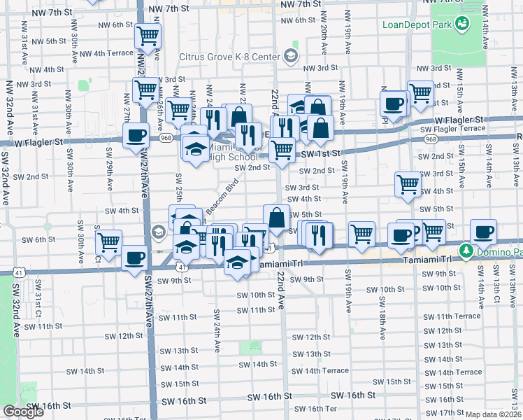 map of restaurants, bars, coffee shops, grocery stores, and more near 2250 Southwest 4th Street in Miami