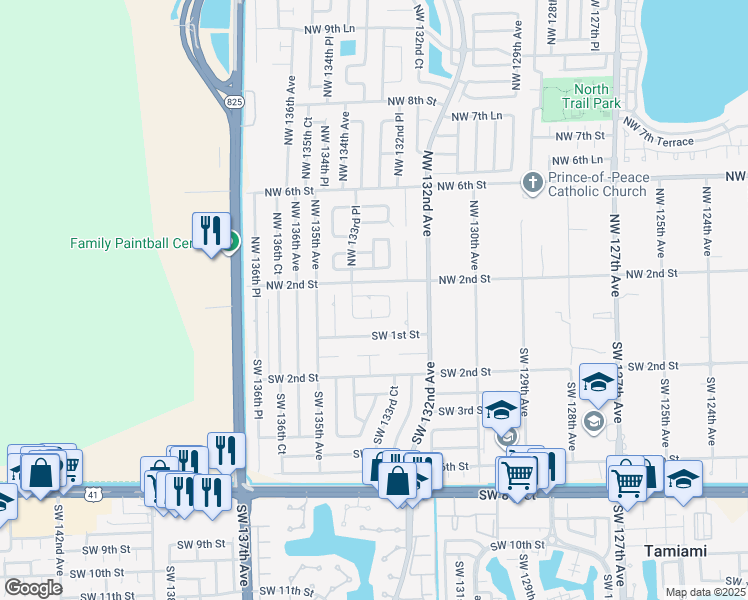 map of restaurants, bars, coffee shops, grocery stores, and more near 13320 Northwest 1st Lane in Miami