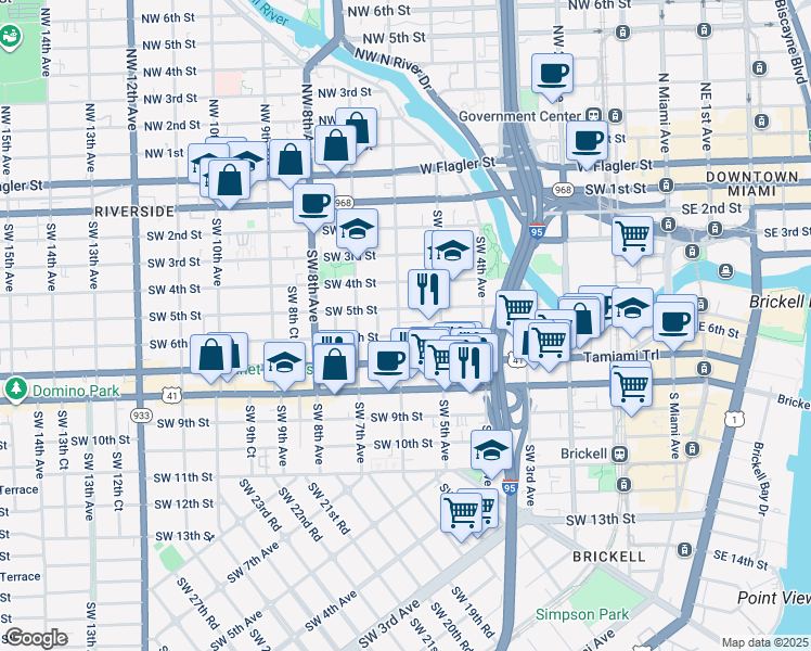 map of restaurants, bars, coffee shops, grocery stores, and more near 535 Southwest 6th Avenue in Miami