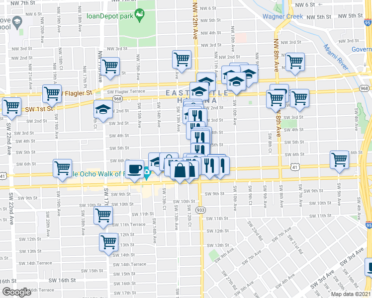 map of restaurants, bars, coffee shops, grocery stores, and more near 1250 Southwest 5th Street in Miami