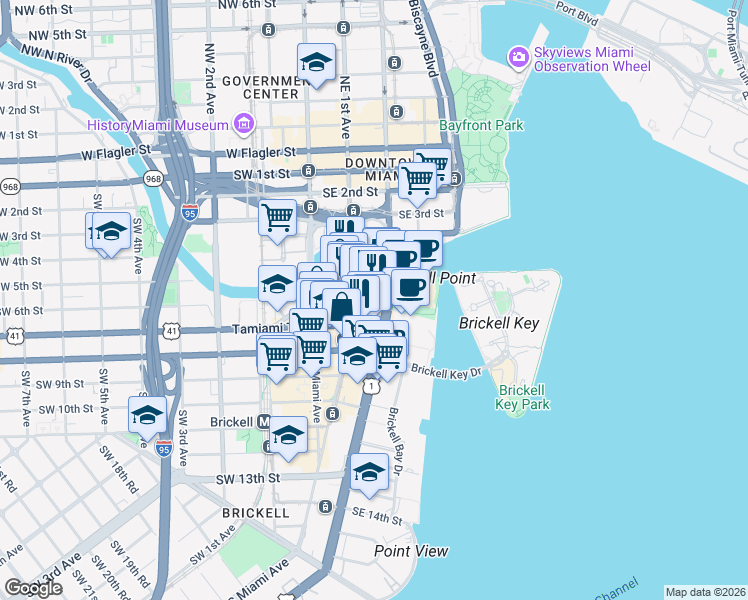 map of restaurants, bars, coffee shops, grocery stores, and more near 41 Southeast 6th Street in Miami