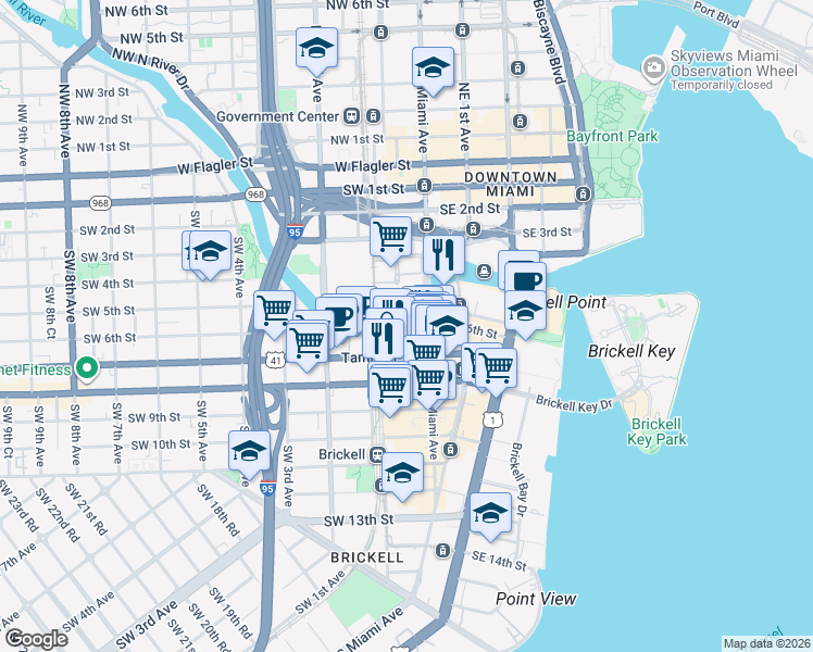map of restaurants, bars, coffee shops, grocery stores, and more near 55 Southwest Miami Avenue Road in Miami