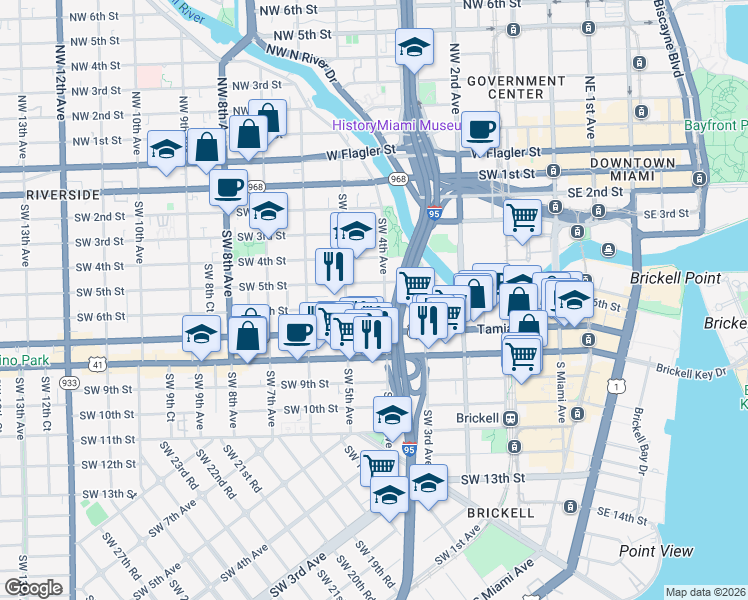 map of restaurants, bars, coffee shops, grocery stores, and more near 461 Southwest 6th Street in Miami