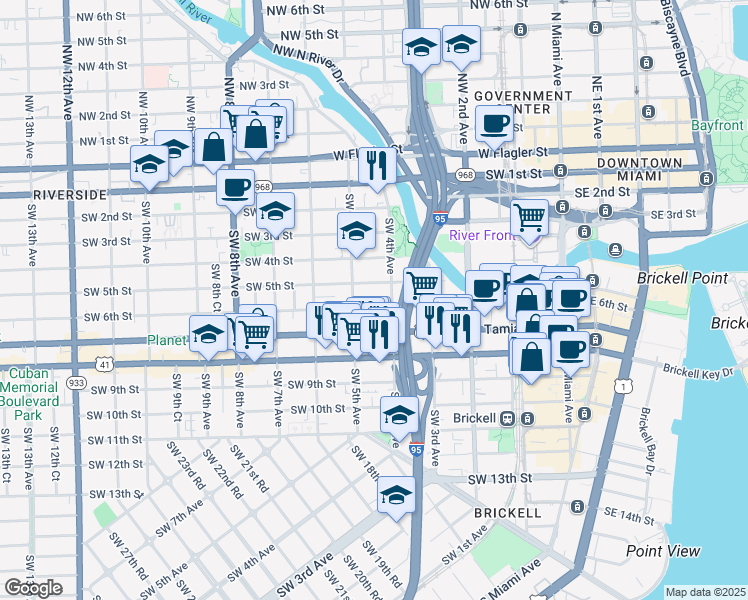 map of restaurants, bars, coffee shops, grocery stores, and more near 461 Southwest 6th Street in Miami