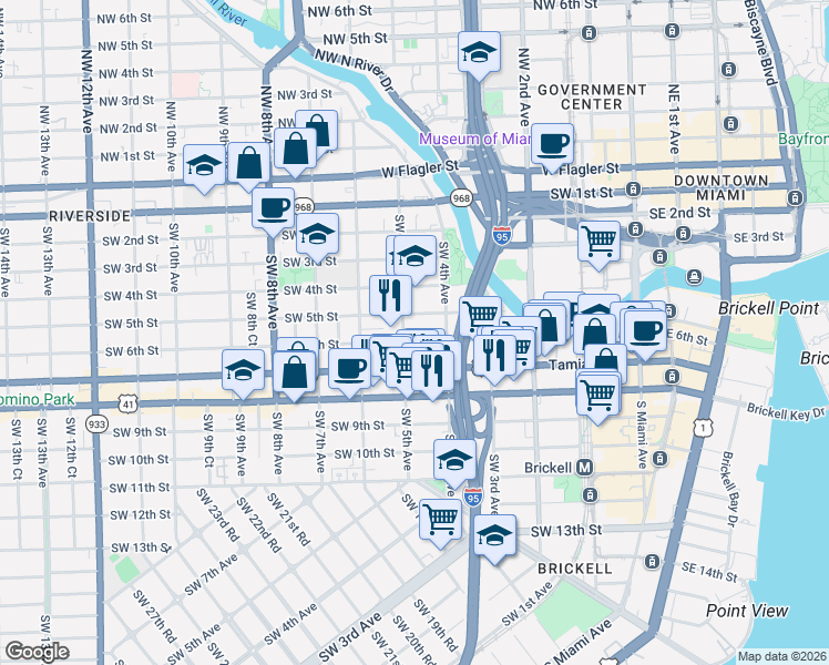 map of restaurants, bars, coffee shops, grocery stores, and more near 461 Southwest 6th Street in Miami