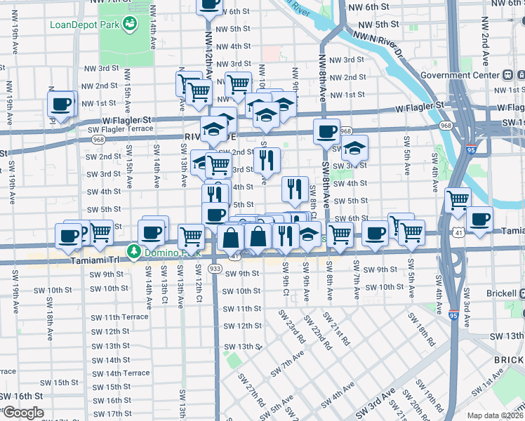 map of restaurants, bars, coffee shops, grocery stores, and more near 507 Southwest 10th Avenue in Miami