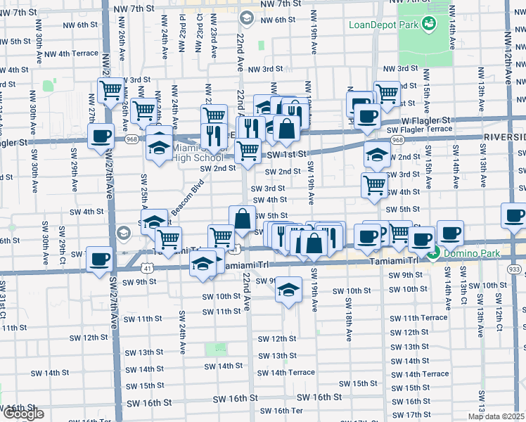 map of restaurants, bars, coffee shops, grocery stores, and more near 427 Southwest 21st Avenue in Miami