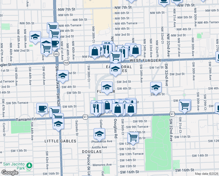 map of restaurants, bars, coffee shops, grocery stores, and more near 14 Fonseca Avenue in Coral Gables