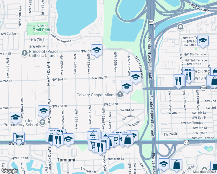 map of restaurants, bars, coffee shops, grocery stores, and more near 101 Northwest 122nd Avenue in Miami