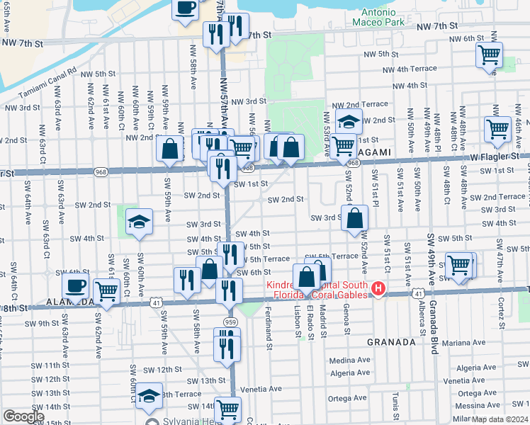map of restaurants, bars, coffee shops, grocery stores, and more near 5597 Southwest 3rd Street in Coral Gables