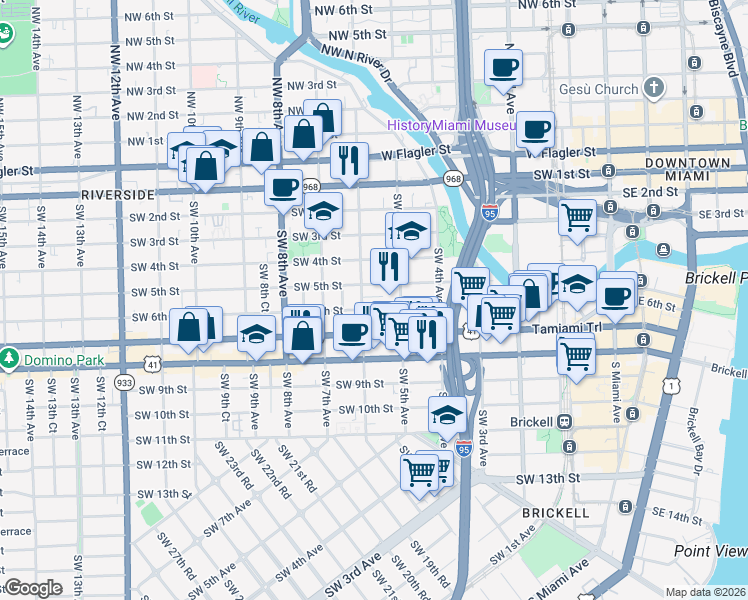 map of restaurants, bars, coffee shops, grocery stores, and more near 562 Southwest 5th Street in Miami