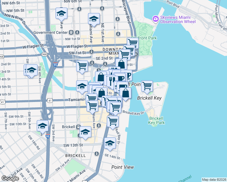 map of restaurants, bars, coffee shops, grocery stores, and more near 501 Brickell Avenue in Miami