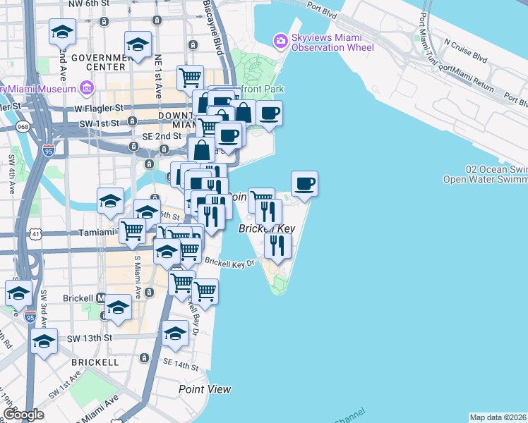 map of restaurants, bars, coffee shops, grocery stores, and more near 900 Brickell Key Boulevard in Miami