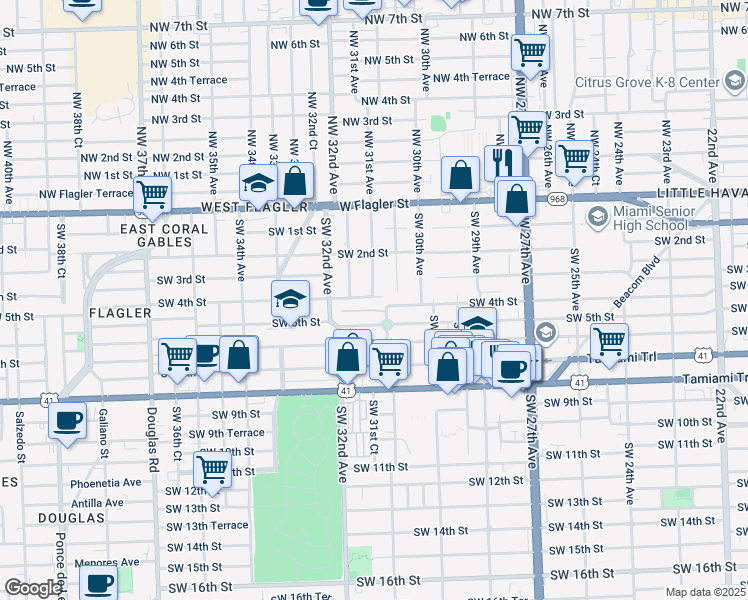 map of restaurants, bars, coffee shops, grocery stores, and more near 3102 Southwest 4th Street in Miami