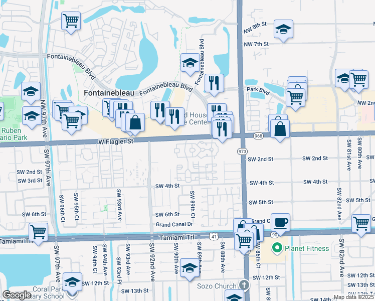 map of restaurants, bars, coffee shops, grocery stores, and more near 8964 West Flagler Street in Miami