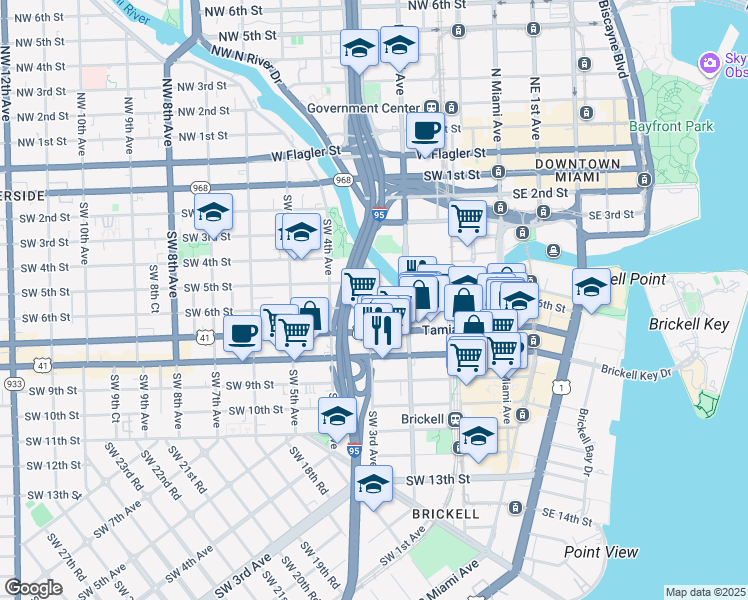 map of restaurants, bars, coffee shops, grocery stores, and more near 275 Southwest 6th Street in Miami