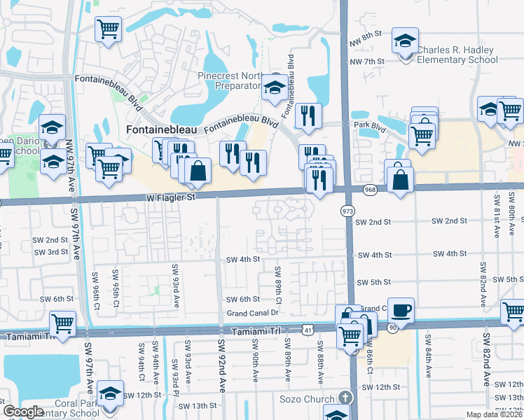 map of restaurants, bars, coffee shops, grocery stores, and more near 8964 West Flagler Street in Miami