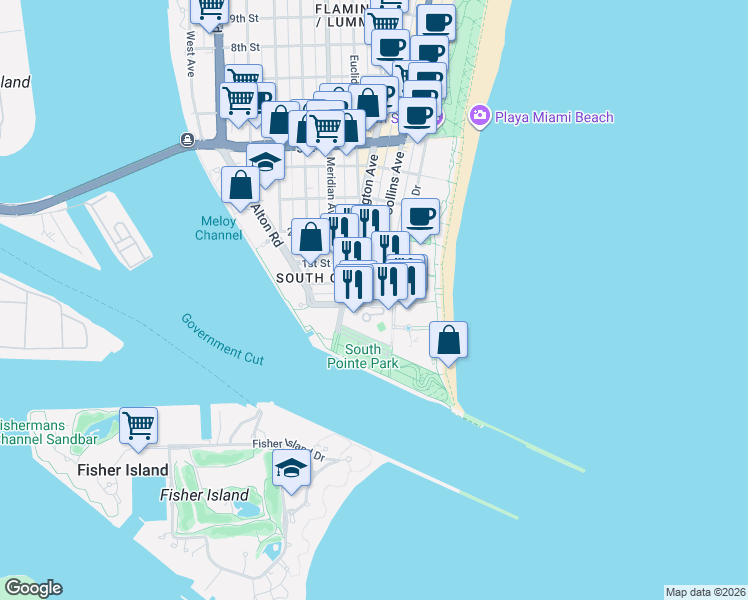 map of restaurants, bars, coffee shops, grocery stores, and more near 1 South Pointe Drive in Miami Beach