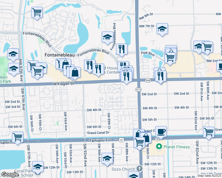 map of restaurants, bars, coffee shops, grocery stores, and more near 8836 West Flagler Street in Miami