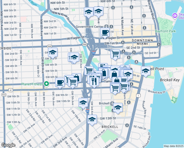map of restaurants, bars, coffee shops, grocery stores, and more near 275 Southwest 6th Street in Miami