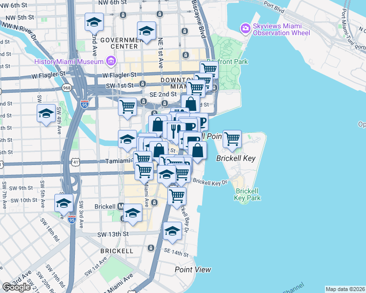 map of restaurants, bars, coffee shops, grocery stores, and more near Brickell Ave & SE 5th St in Miami