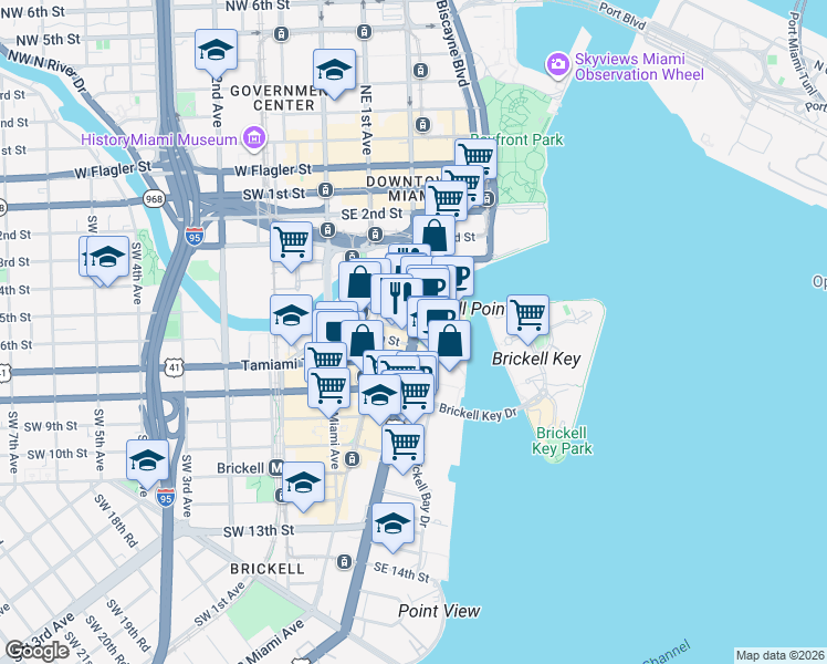 map of restaurants, bars, coffee shops, grocery stores, and more near 501 Brickell Avenue in Miami