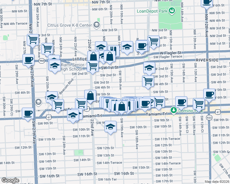 map of restaurants, bars, coffee shops, grocery stores, and more near 1939 Southwest 5th Street in Miami