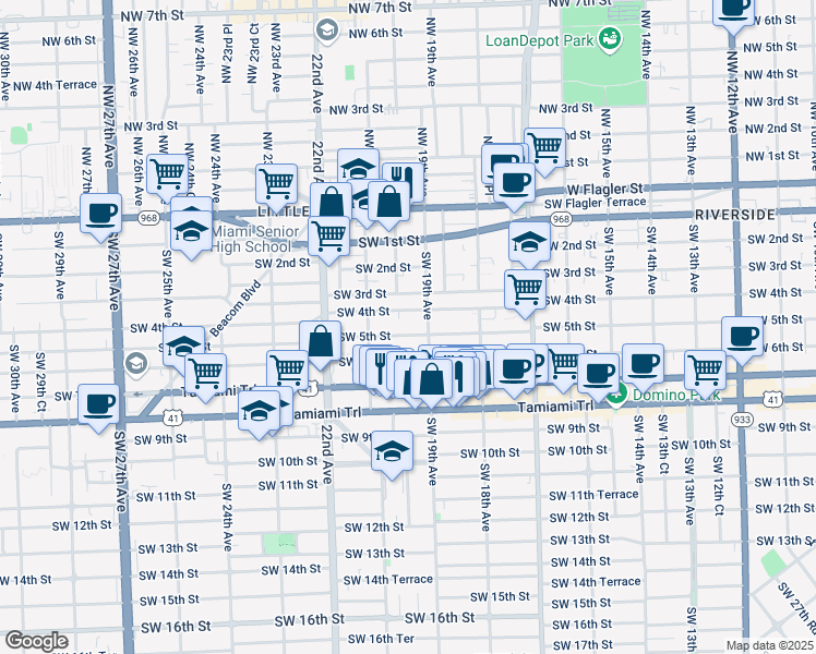 map of restaurants, bars, coffee shops, grocery stores, and more near 1939 Southwest 5th Street in Miami