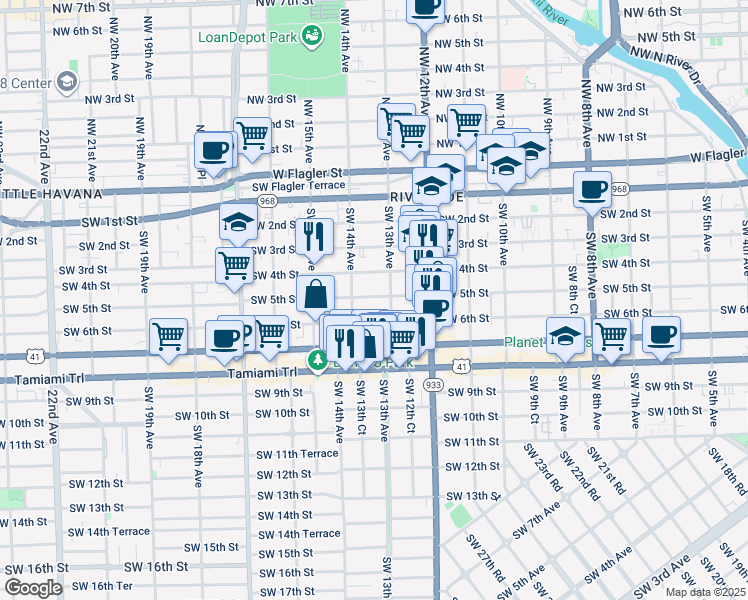 map of restaurants, bars, coffee shops, grocery stores, and more near 1330 Southwest 5th Street in Miami