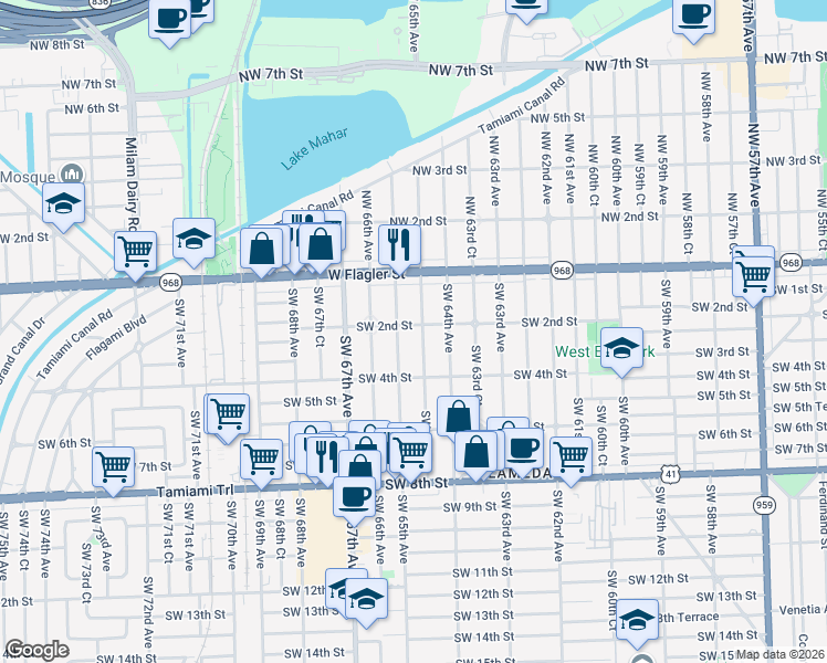 map of restaurants, bars, coffee shops, grocery stores, and more near 6440 Southwest 2nd Street in Miami