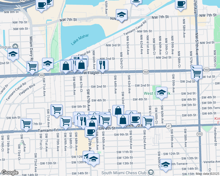 map of restaurants, bars, coffee shops, grocery stores, and more near 6440 Southwest 2nd Street in Miami