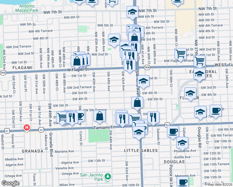 map of restaurants, bars, coffee shops, grocery stores, and more near 4340 Southwest 3rd Street in Coral Gables